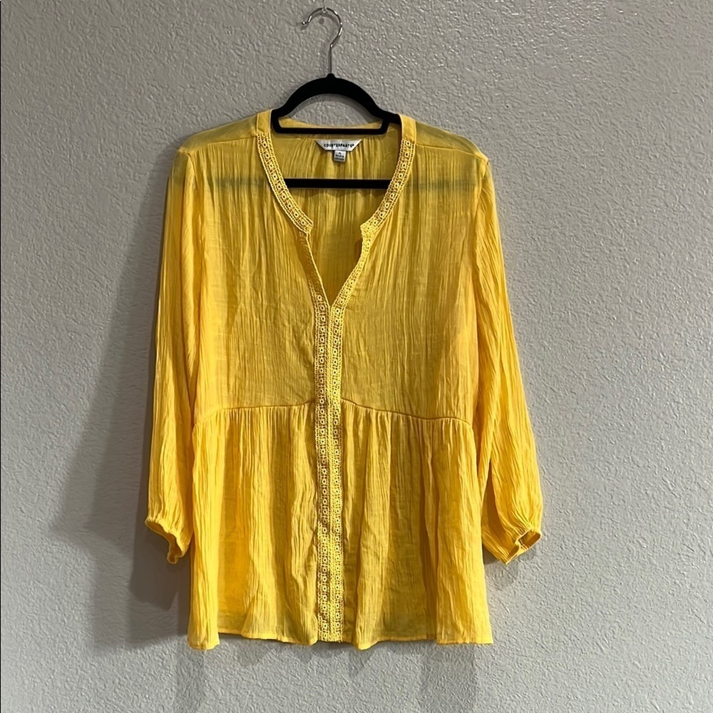 Counterparts Yellow Relaxed Mandarin Collar Blouse Long Sleeve Sz XL TC0689